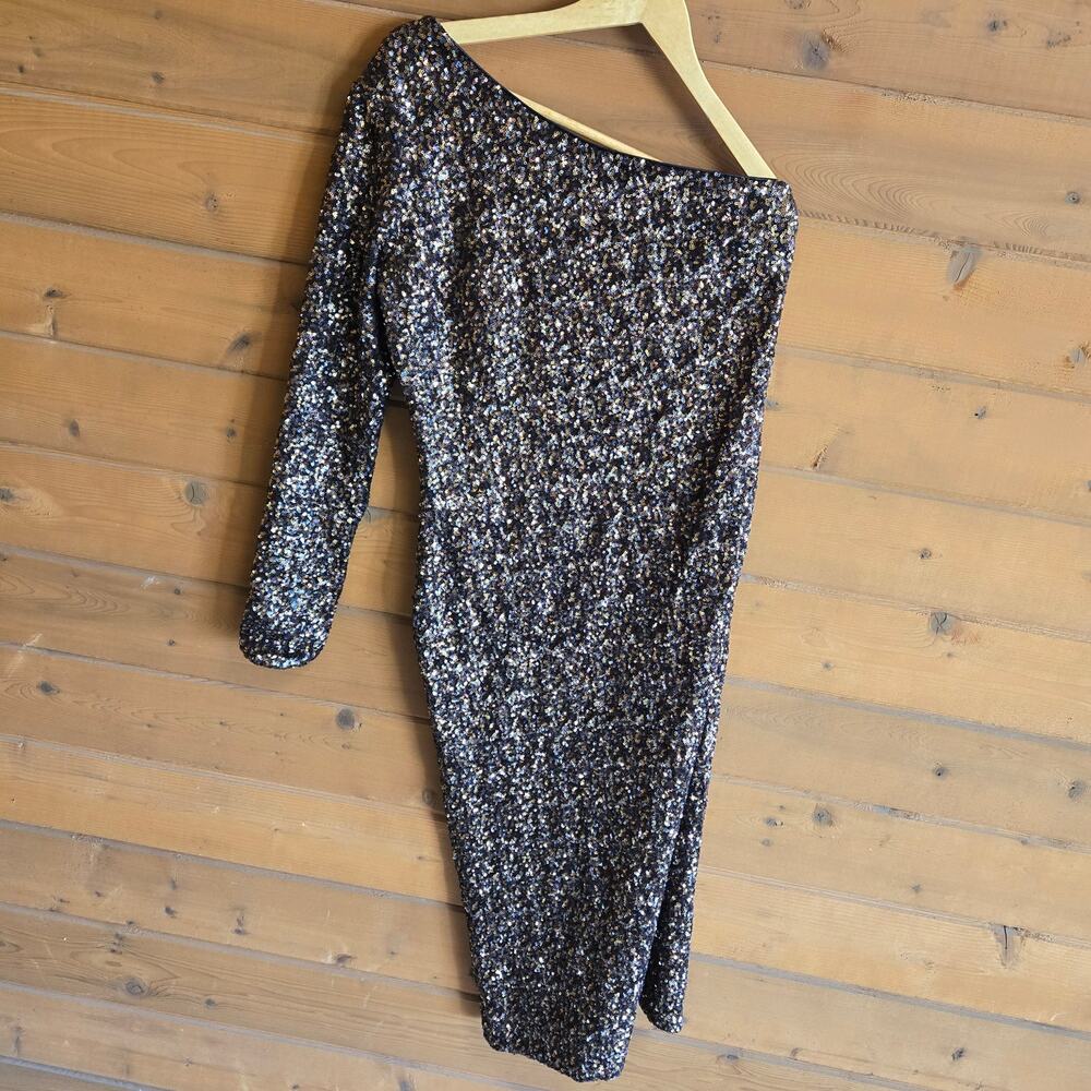 Dress The Population Dress Chrissie Midi Sequin One Shoulder XL Gold Black Glam - Picture 2 of 7